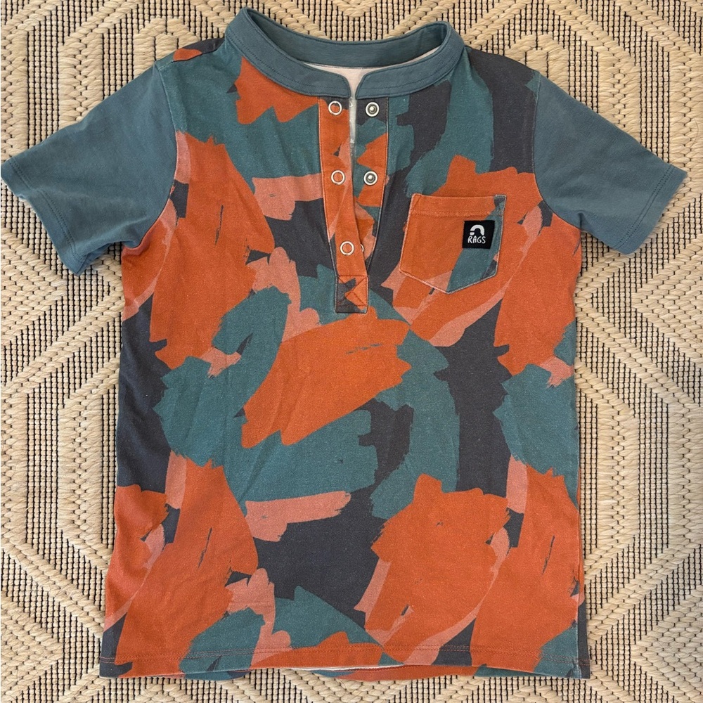 Rags To Raches Button Short Sleeve Shirt Tee Size 3/4 Green Orange